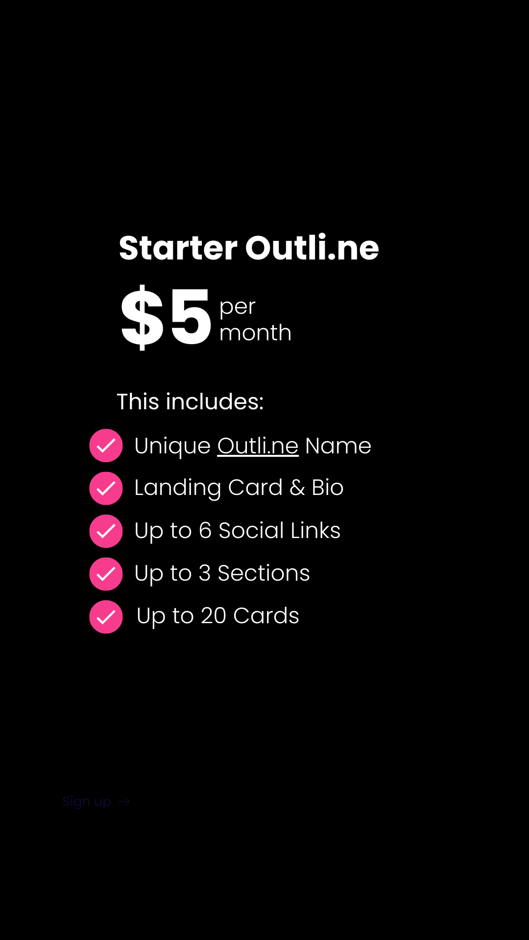 Starter Outli.ne subscription plan for $5 per month, featuring basics like a unique name, bio, up to 6 social links, 3 sections, and 20 cards.