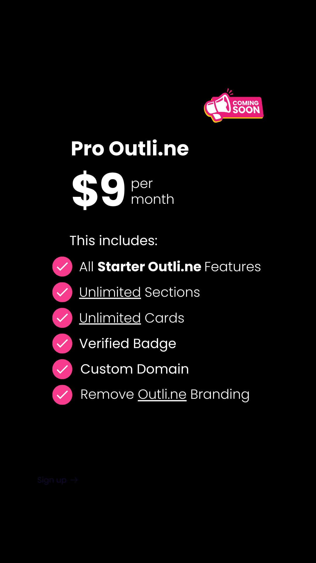 Pro Outli.ne plan for $9 per month, offering all starter features plus unlimited sections, unlimited cards, verified badge, custom domain, and branding removal.