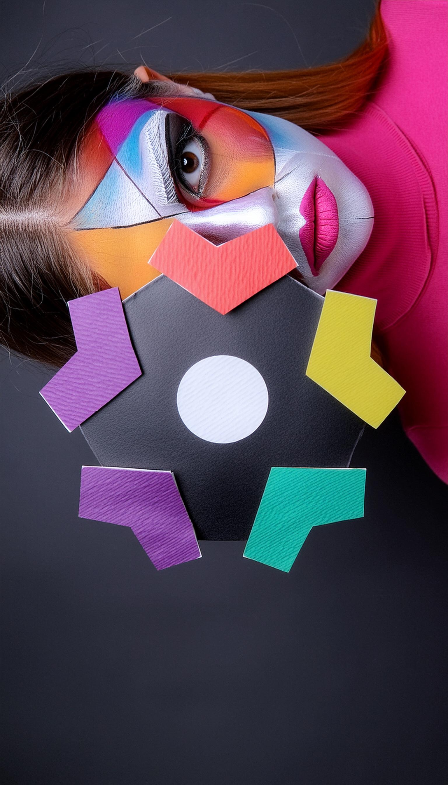 A close-up of a model with vibrant, multicolored face paint, with a paper cutout of outli.ne logo in front.