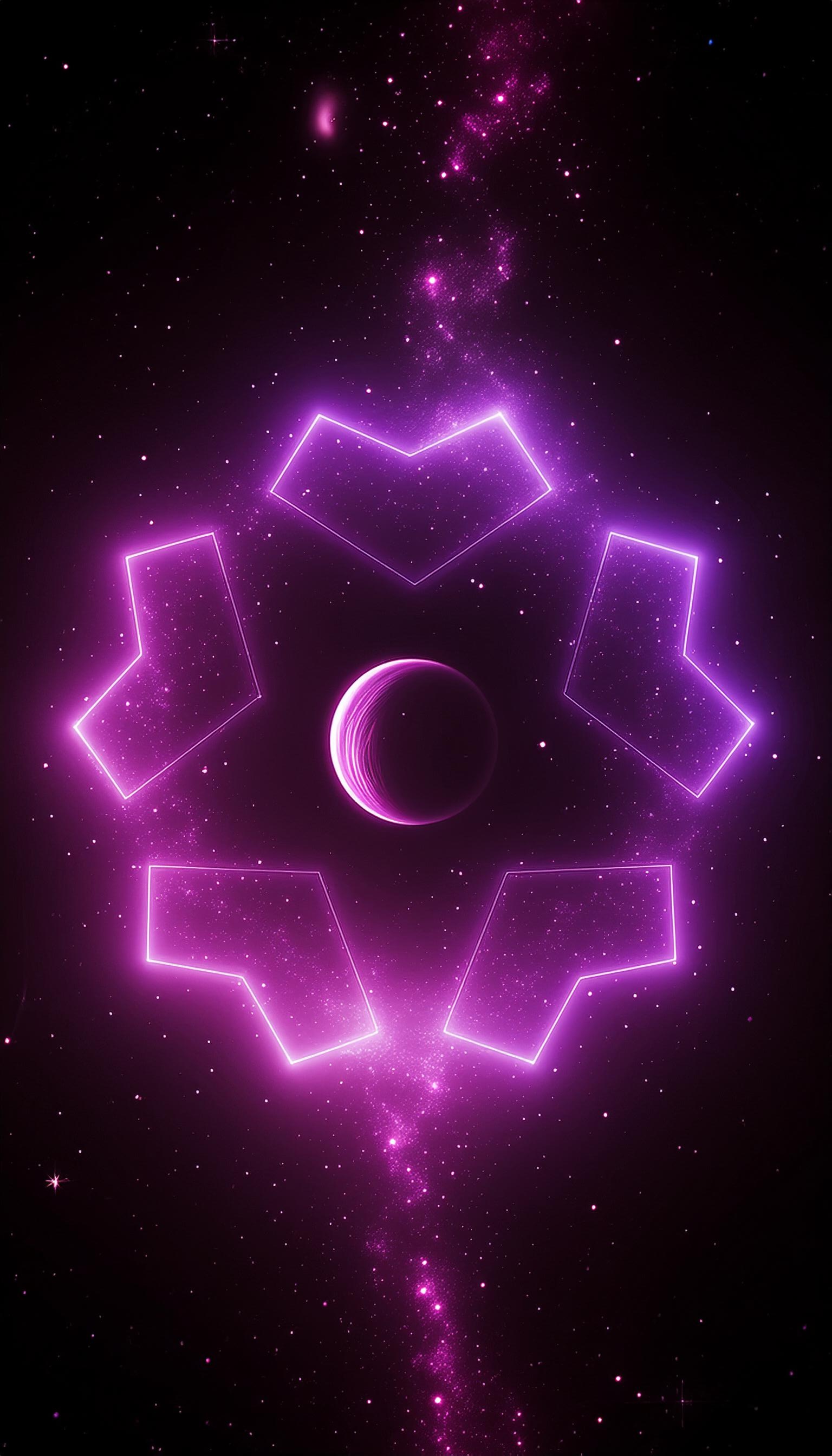 Artistic representation of outli.ne logo with neon pink outlines forming geometric shapes against a starry background.