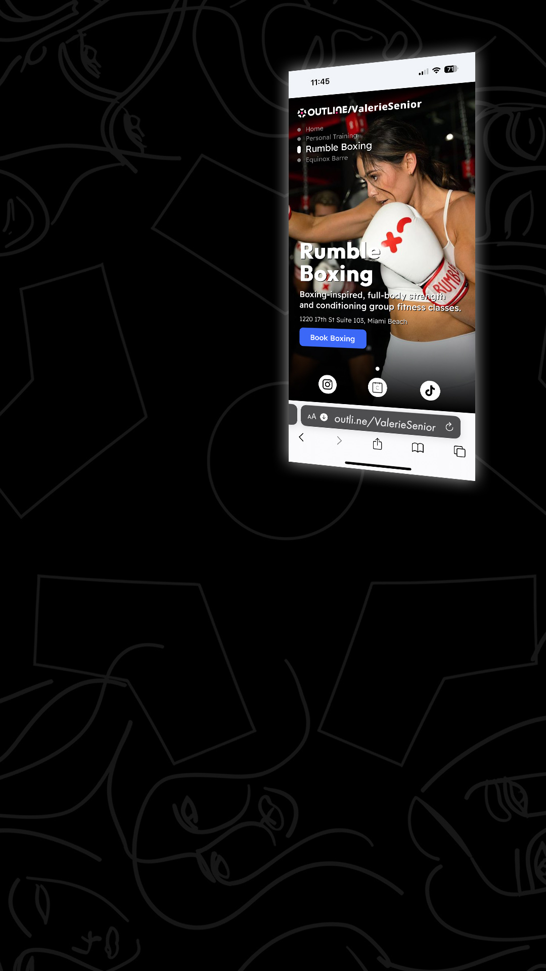 Smartphone screen showing a website for 'Rumble Boxing' with a woman boxing, in front of a dark background with faintly sketched faces.