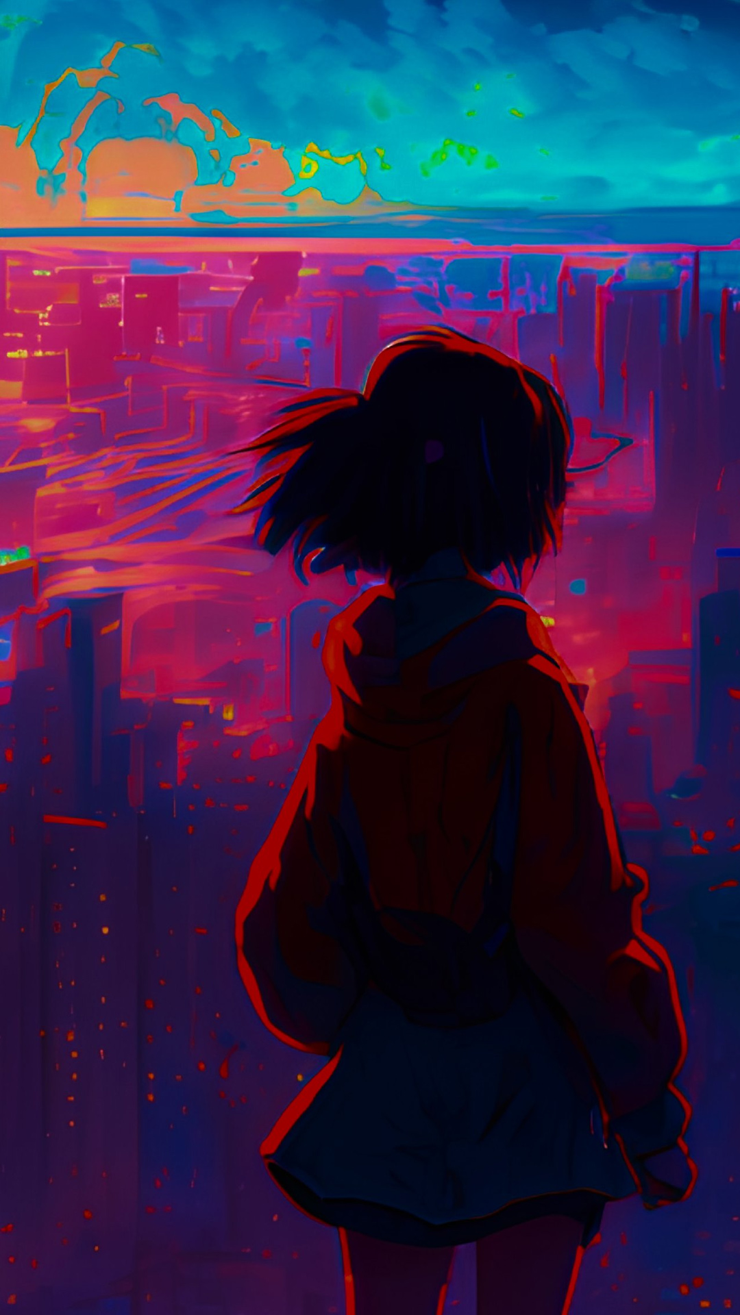 Vibrant digital artwork showing a silhouette of a person gazing at a cityscape under a colorful sky.