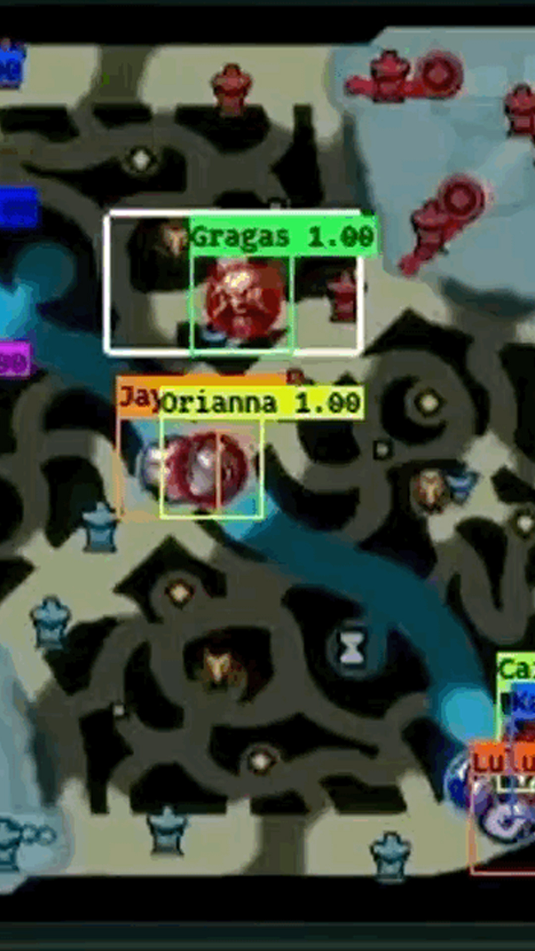 Close-up of a video game minimap with character markers and labels such as 'Gragas' and 'Orianna' within boxes, with various icons and a blue river dividing the terrain.