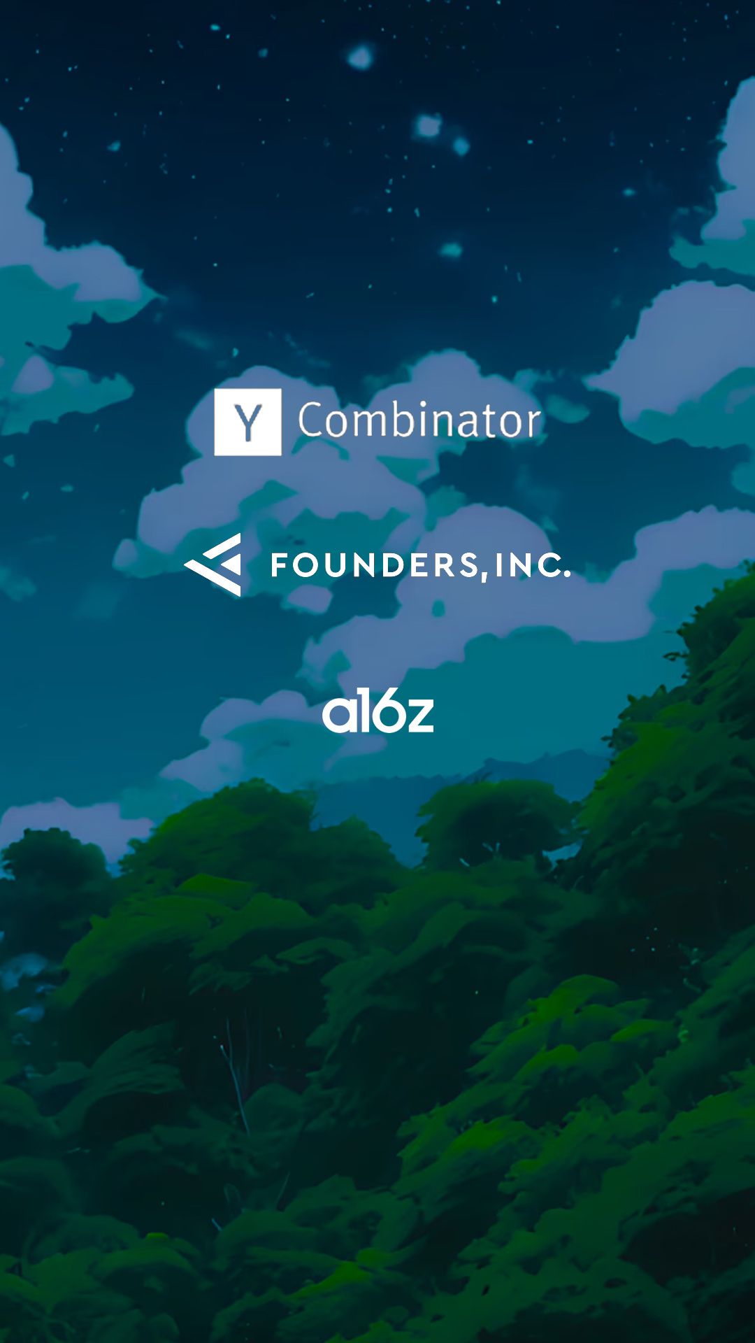 Logos of Y Combinator, Founders Inc., and a16z in white, centered on a dark, starry sky background with lush green foliage at the bottom.