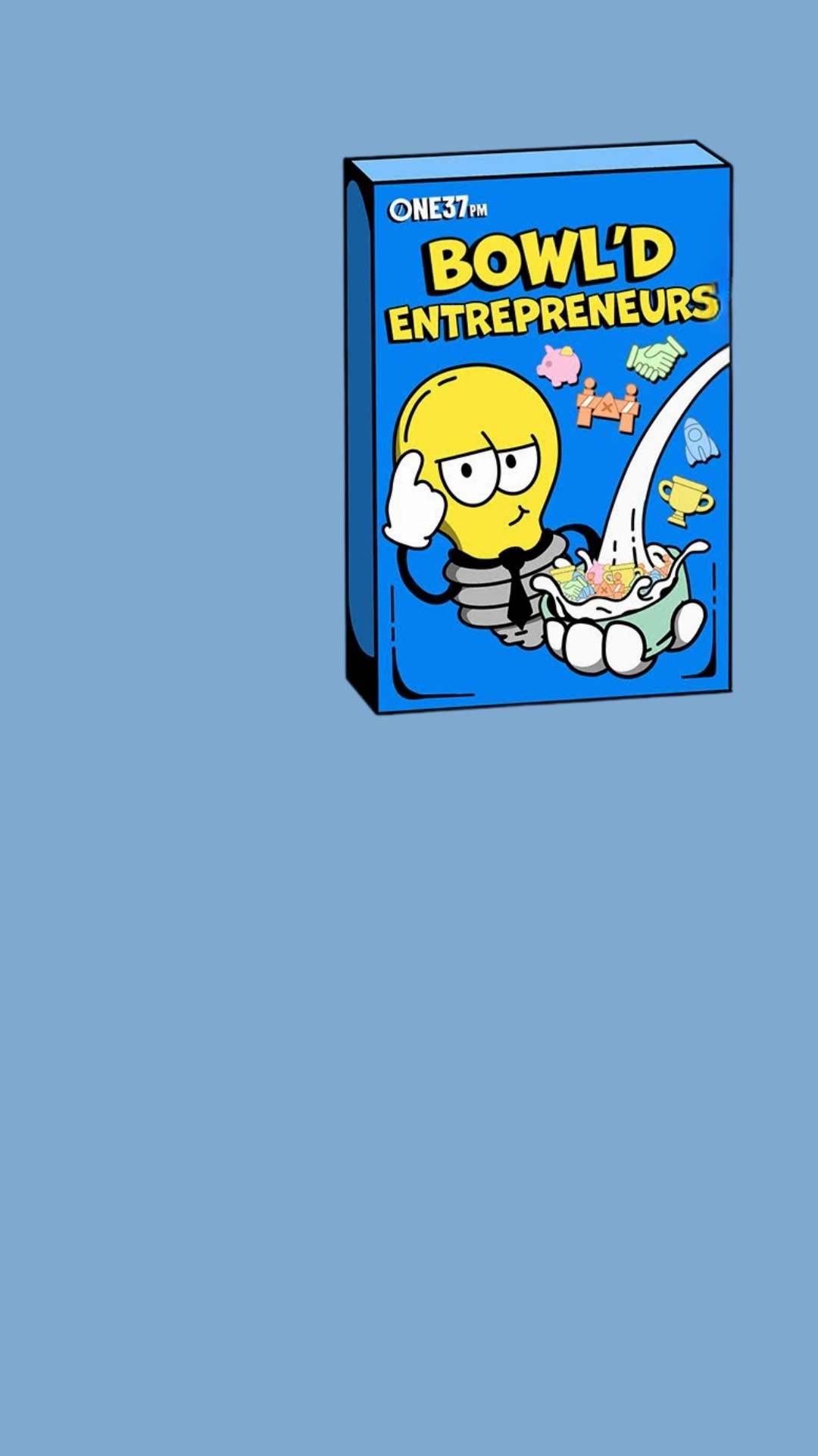 Illustration of a cereal box labeled 'Bowl'd Entrepreneurs' by ONE37pm, featuring a cartoon character pouring milk into a bowl with icons like a trophy and handshake.