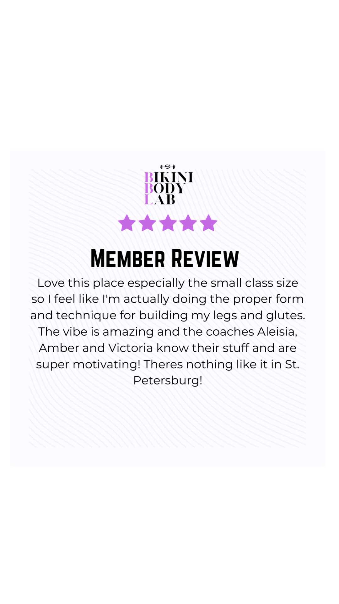 Bikini Body Lab review card describing small class sizes, expert coaches, and unique vibe in St. Petersburg, with five purple stars.