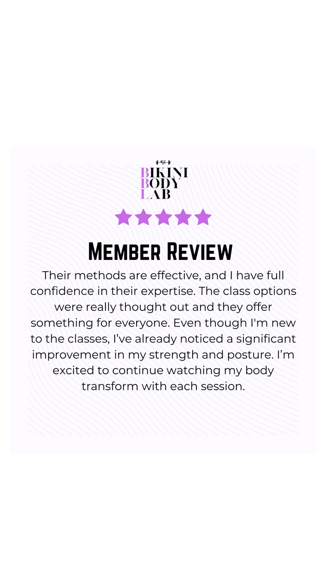 Bikini Body Lab review card highlighting effective classes, noticeable strength improvement, and five purple stars.